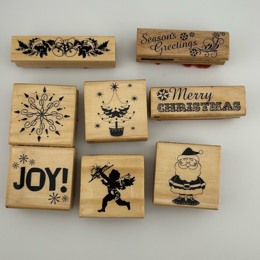 Lot of 8 Christmas Themed Wood Mounted Stamps